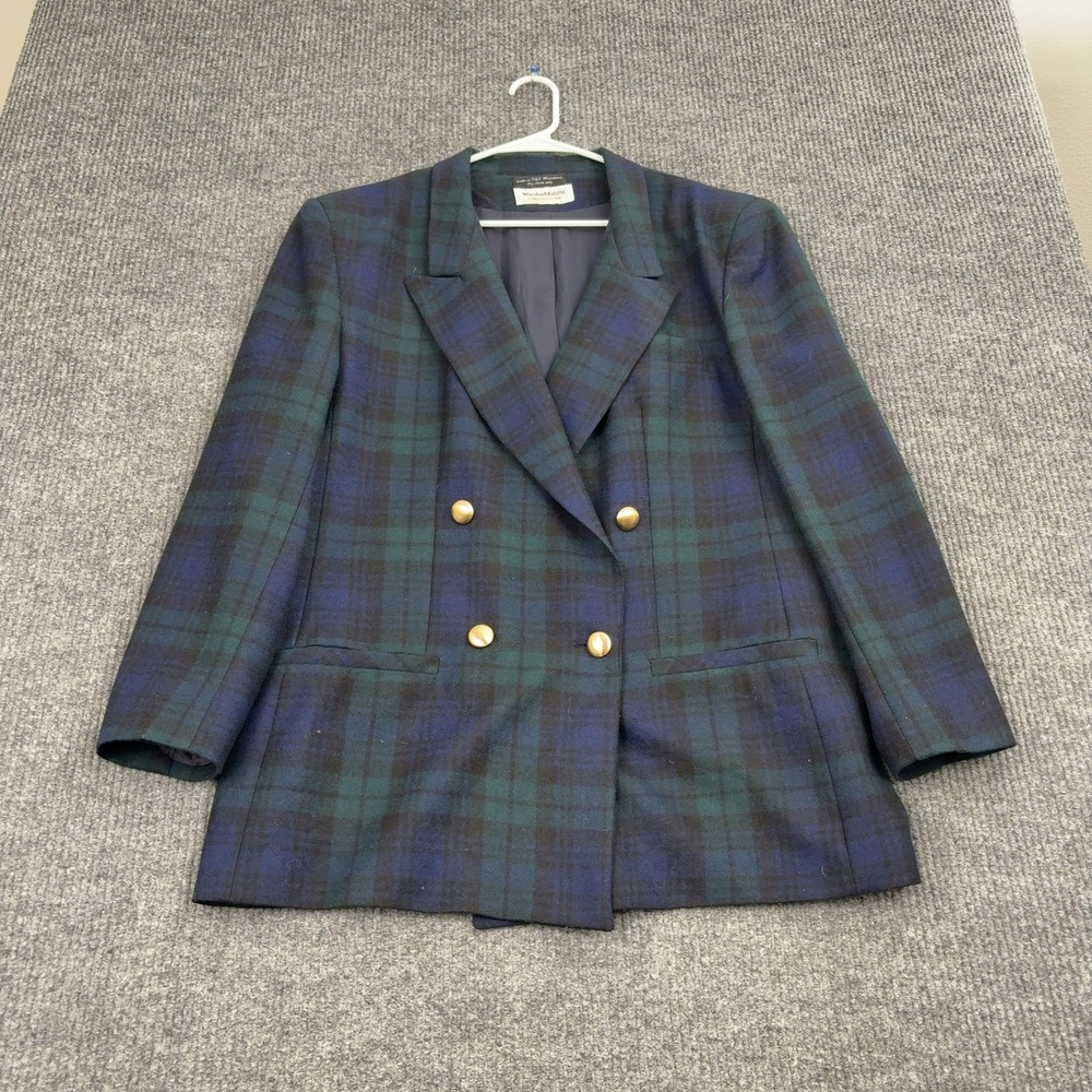 Wheaton Katz Blazer Women 18 Blue Green Plaid Tartan Wool Double Breasted Preppy